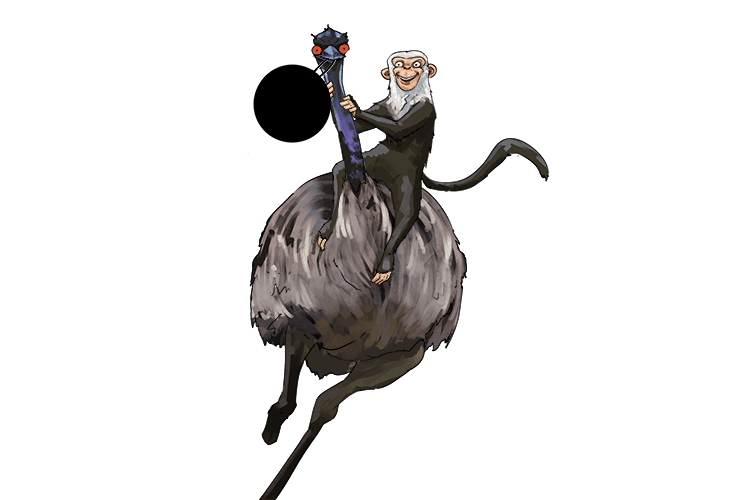 A dot was being carried by an emu ridden by a monkey